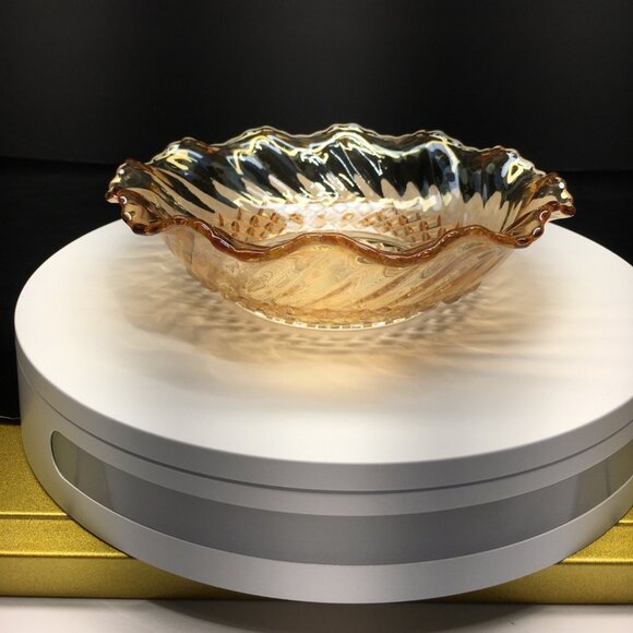 Vintage Indiana Carnival Amber Glass Bowl Round Scalloped Edged 7.5" - Picture 2 of 13